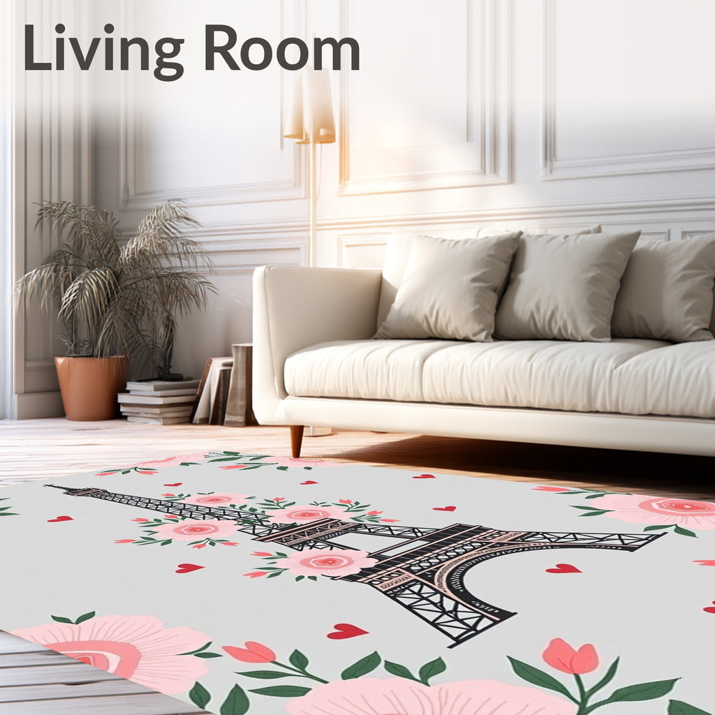 Pink Roses Eiffel Tower Hearts Rug