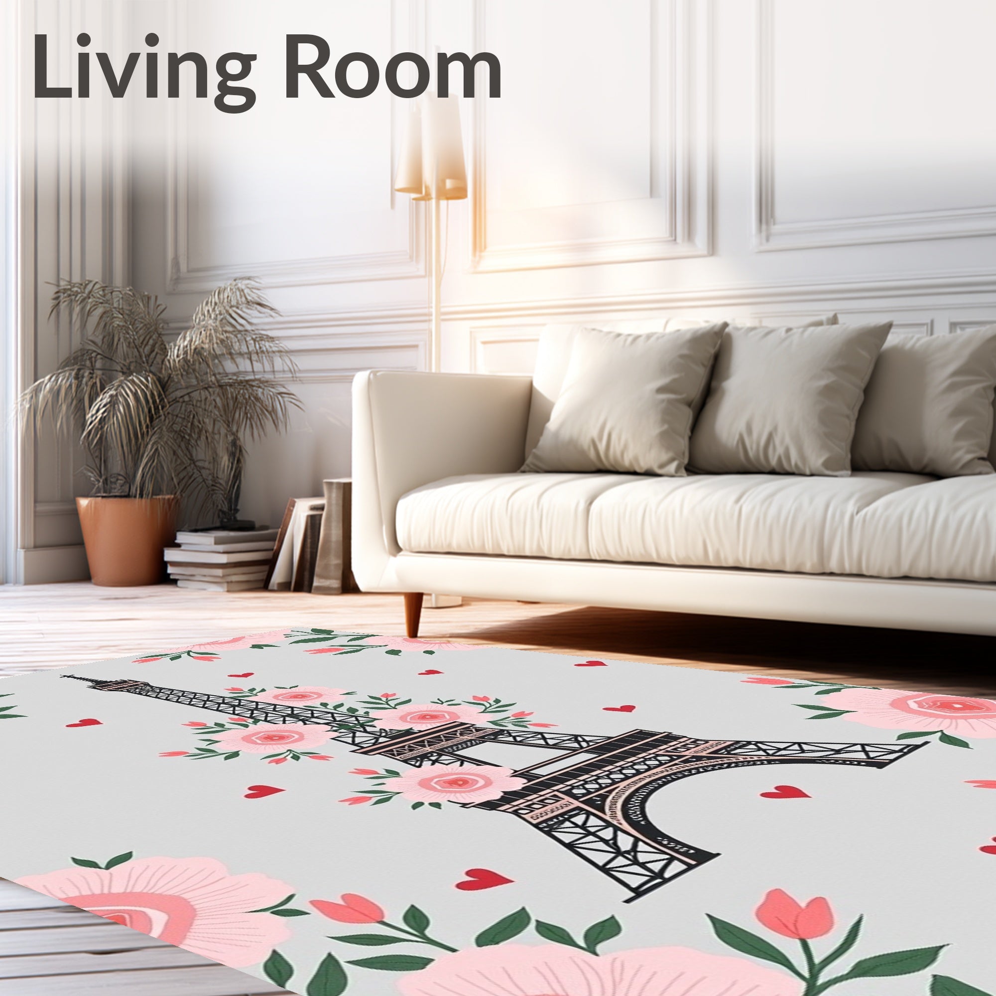 Pink Roses Eiffel Tower Hearts Rug