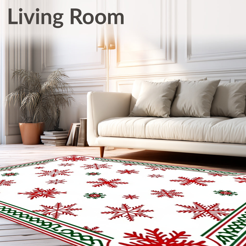 Red Green Snowflake Border Art Rug