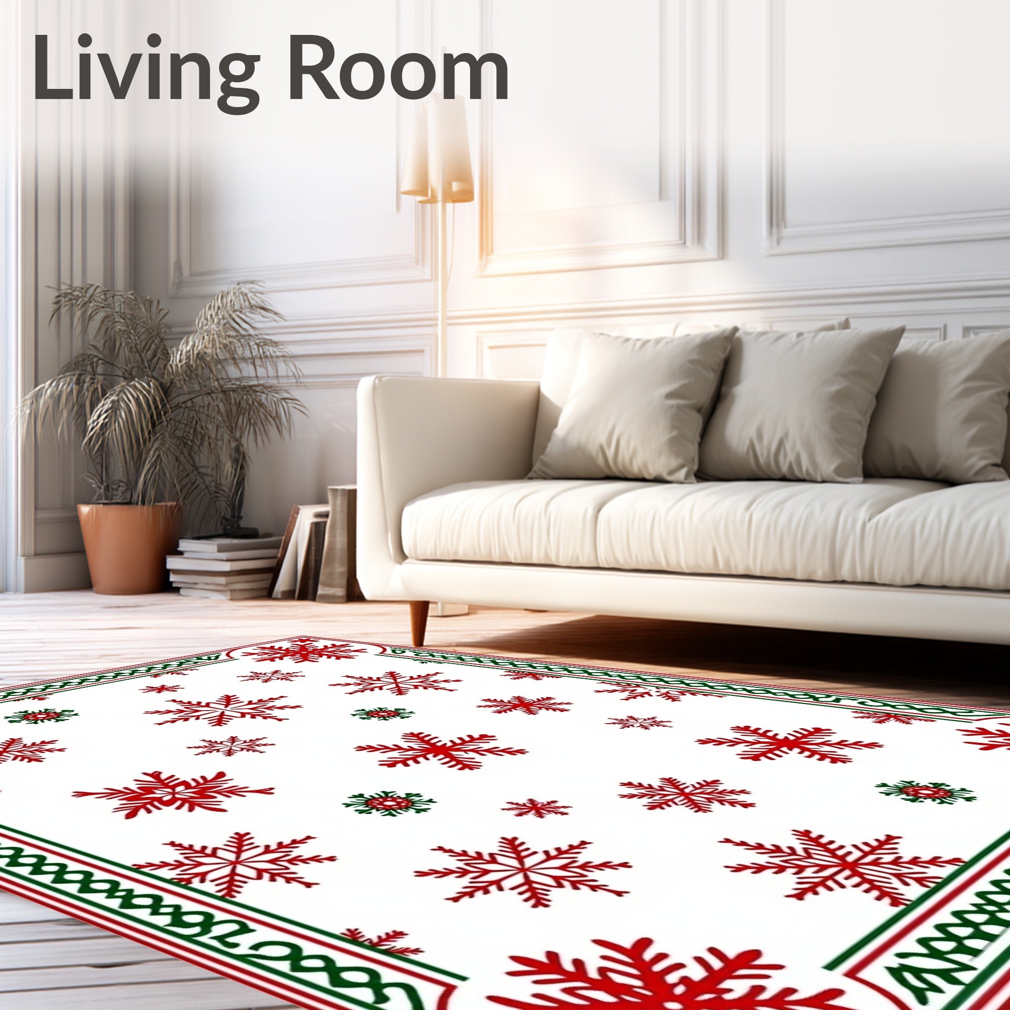 Red Green Snowflake Border Art Rug