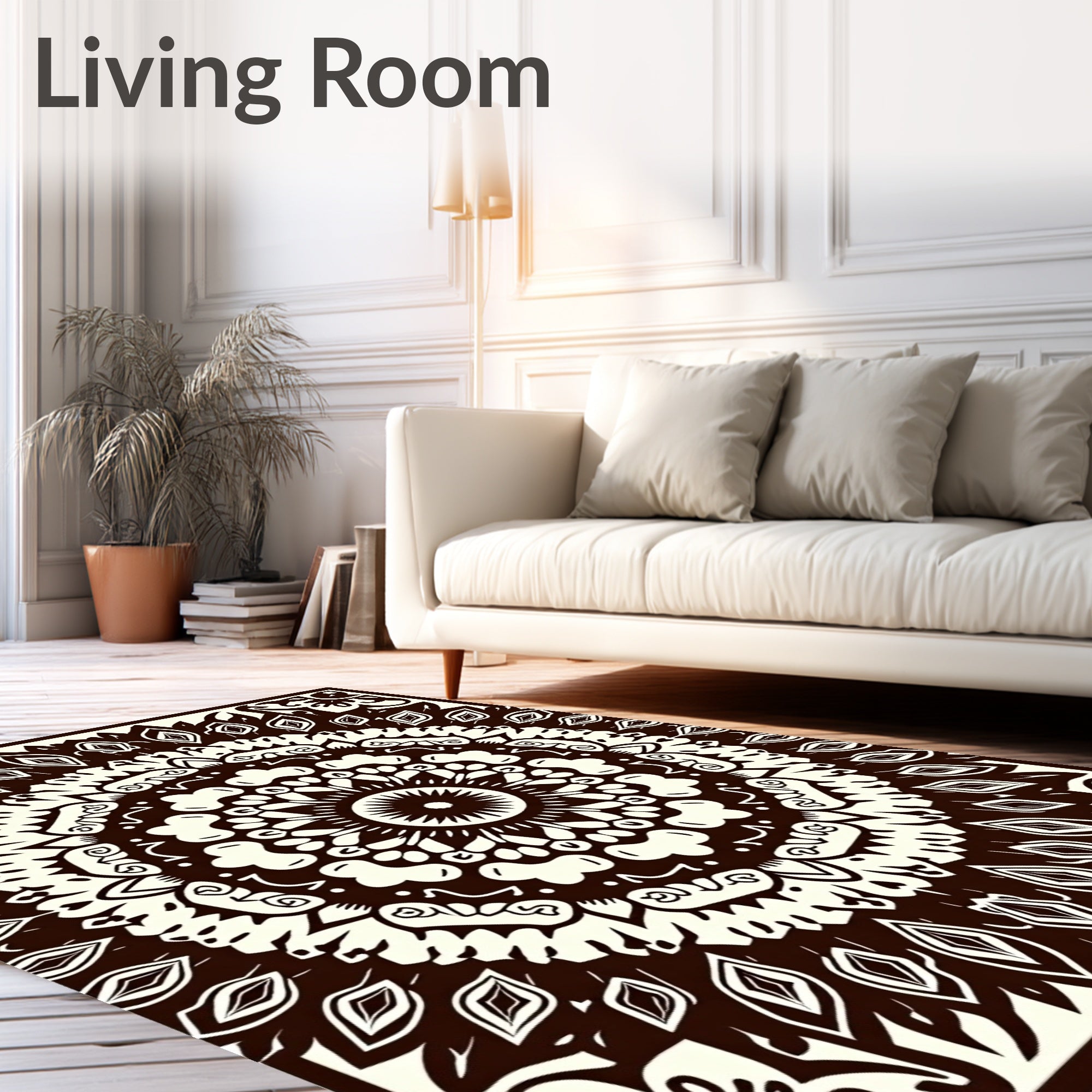 Dark Brown White Radial Mandala Rug