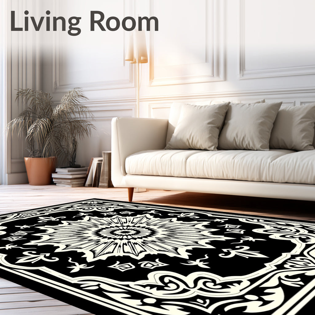 Black Ivory Sunburst Floral Frame Rug