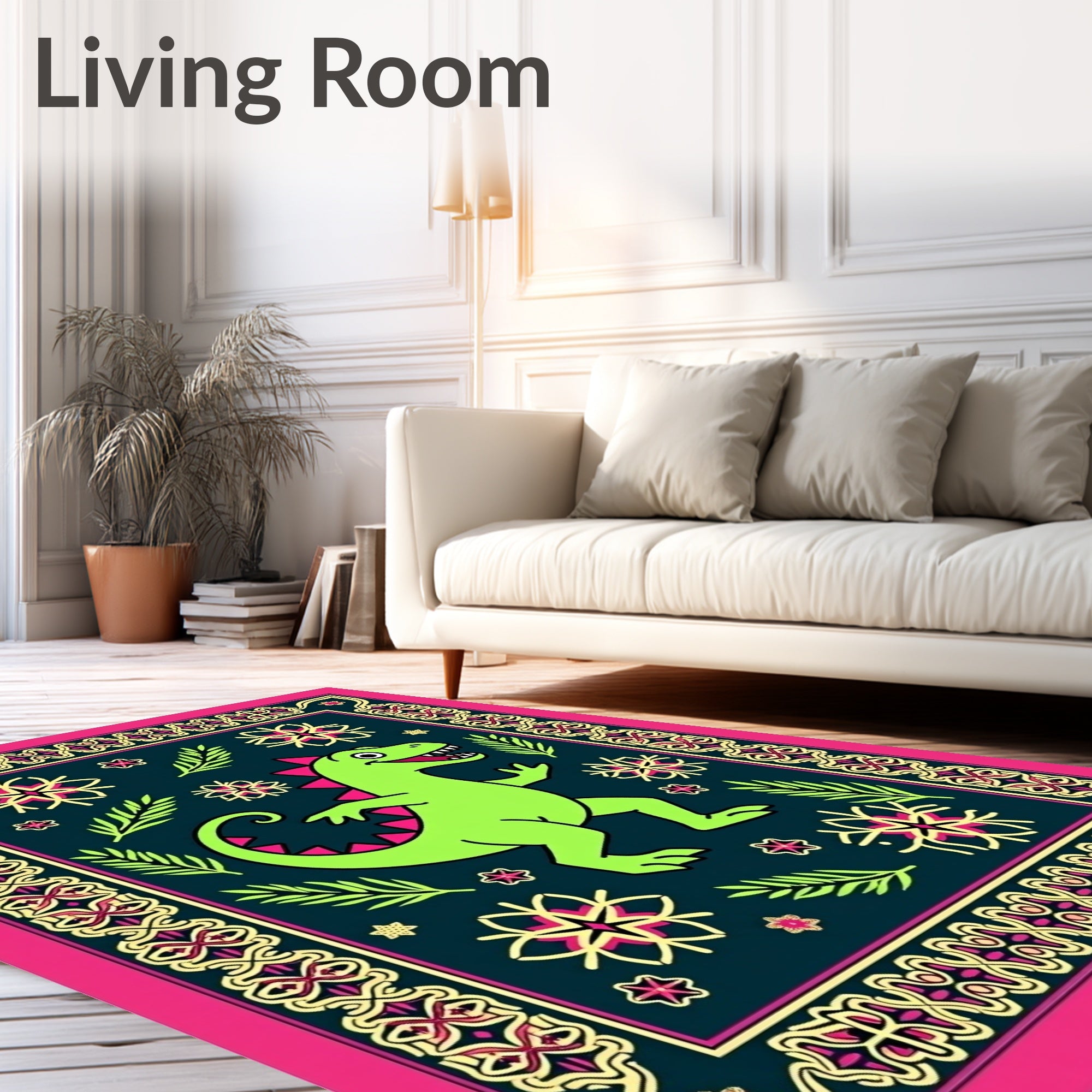 Lively Green Dinosaur Floral Border Rug