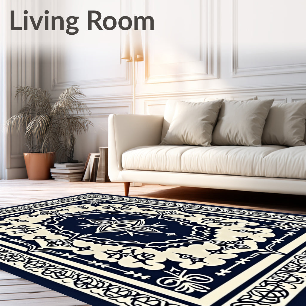 Dark Navy Cream Eye Mandala Border Rug