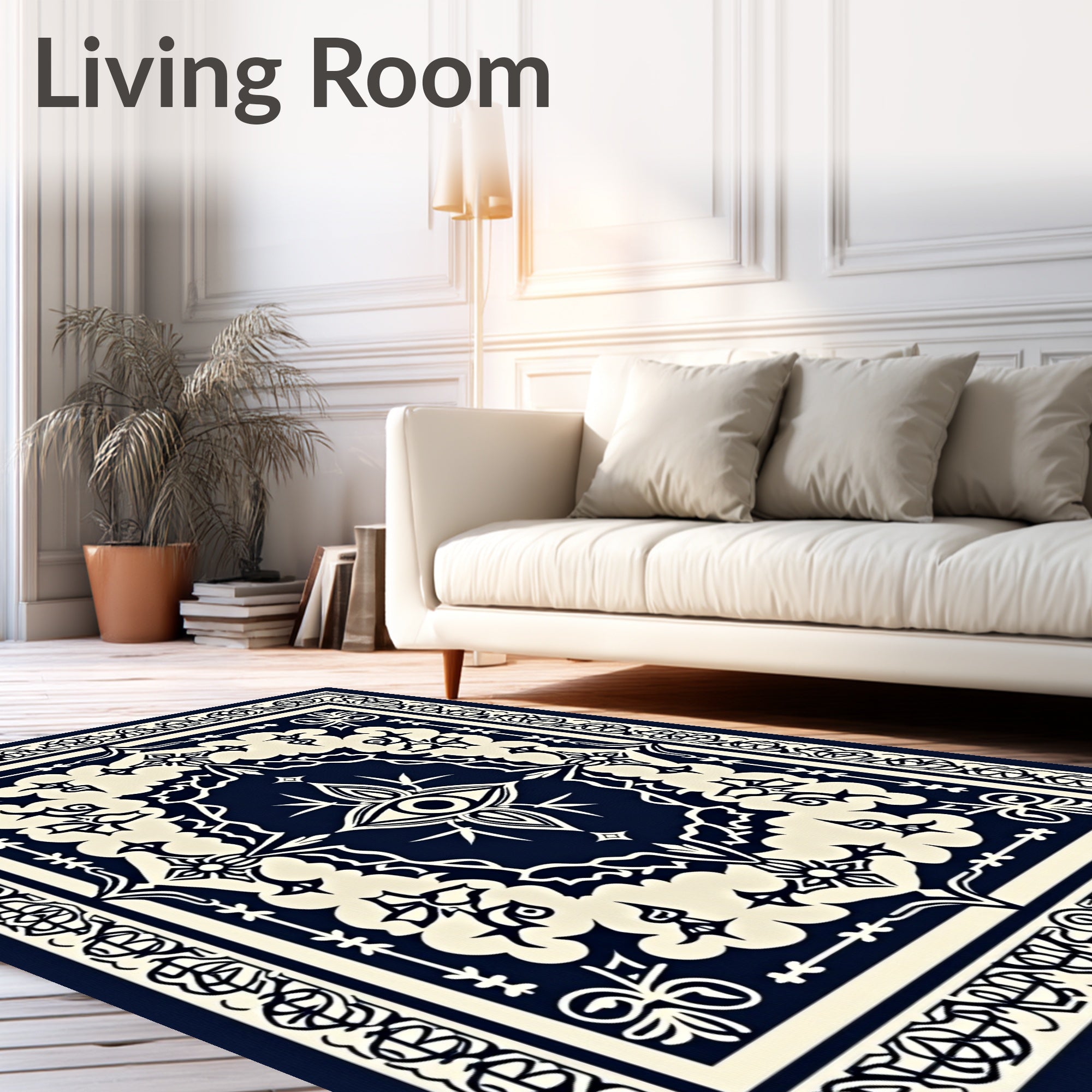 Dark Navy Cream Eye Mandala Border Rug
