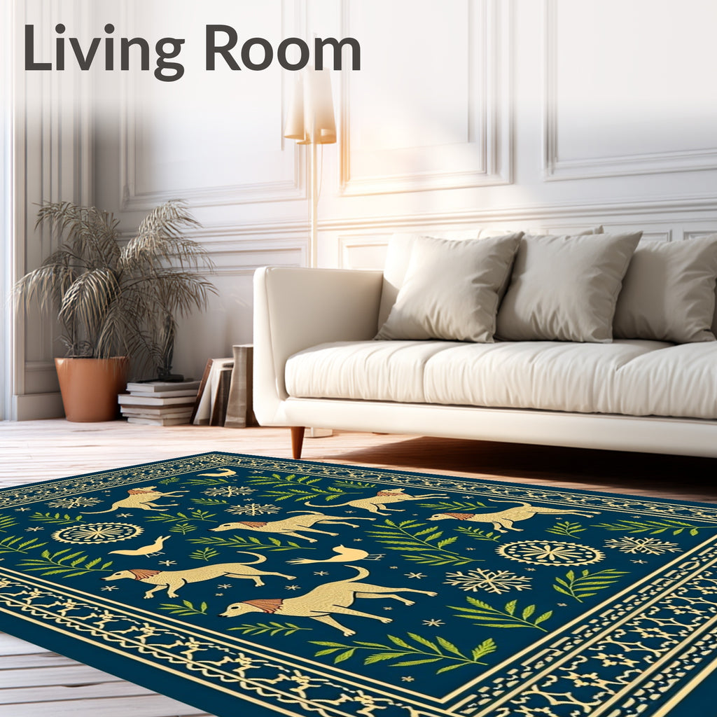 Golden Dogs Evergreen Branch Navy Rug