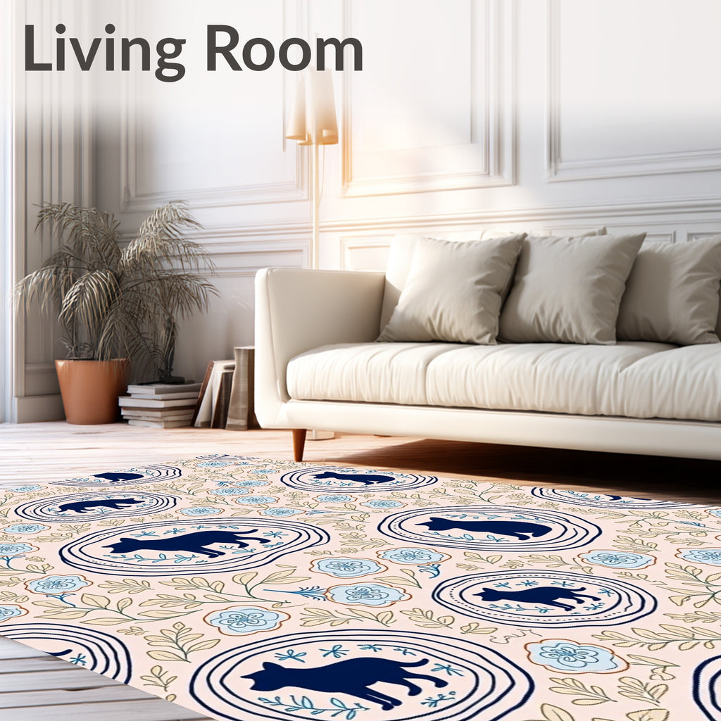 Navy Dog Floral Medallion Cream Rug