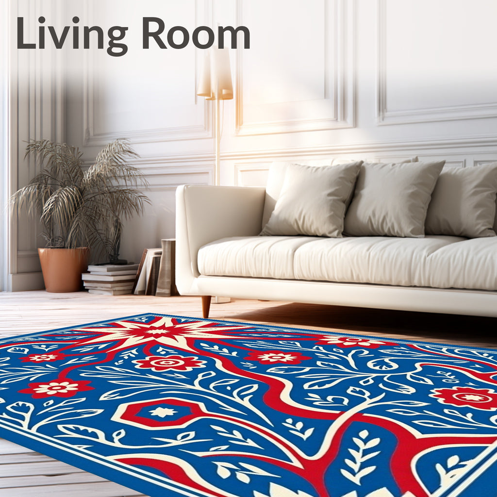 Bold Red Floral Vines Blue Rug