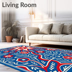 Bold Red Floral Vines Blue Rug