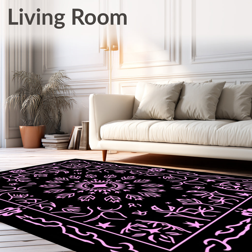Pink Floral Medallion Black Tapestry Rug