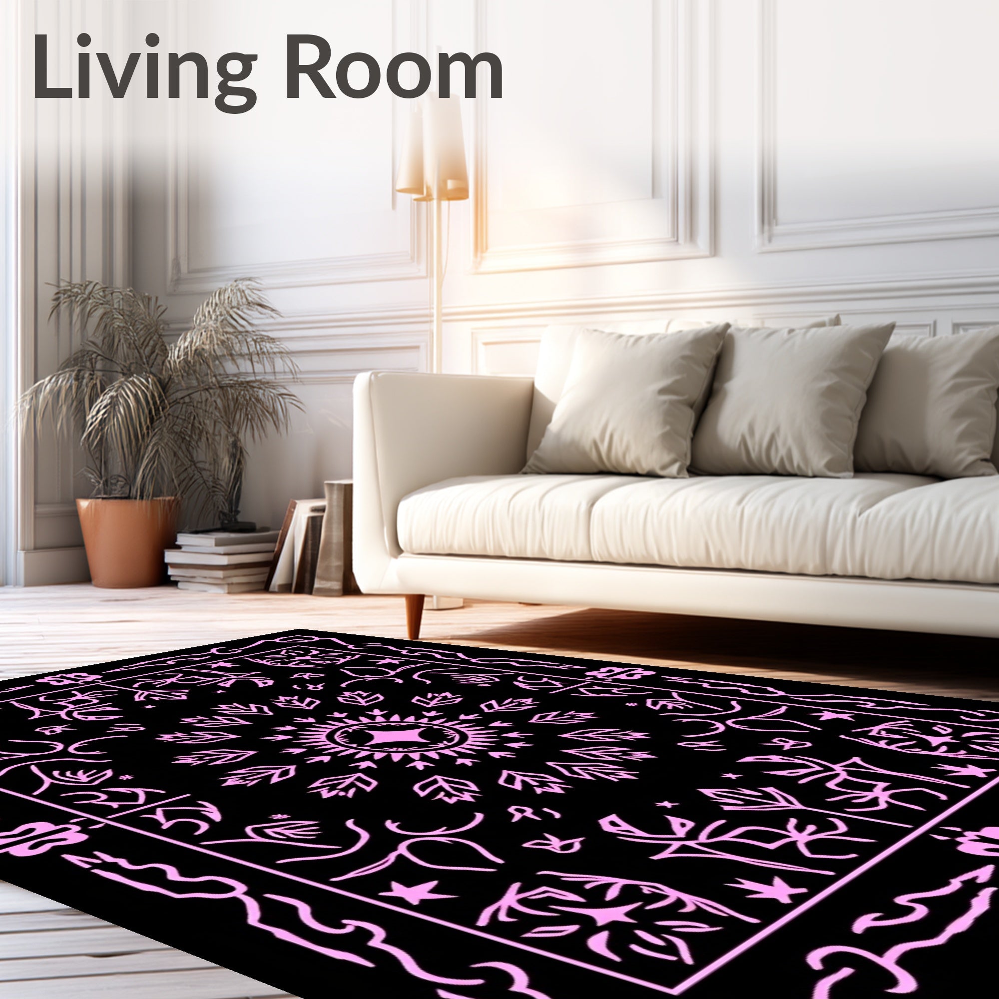 Pink Floral Medallion Black Tapestry Rug