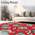 Red Teal Cartoon Animal Wheels Rug