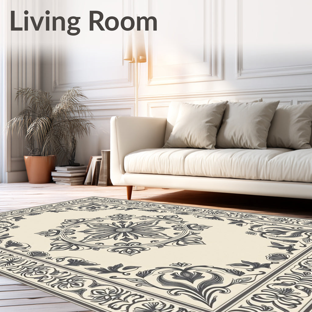 Ornate Beige Floral Centerpiece Border Rug