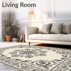 Ornate Beige Floral Centerpiece Border Rug