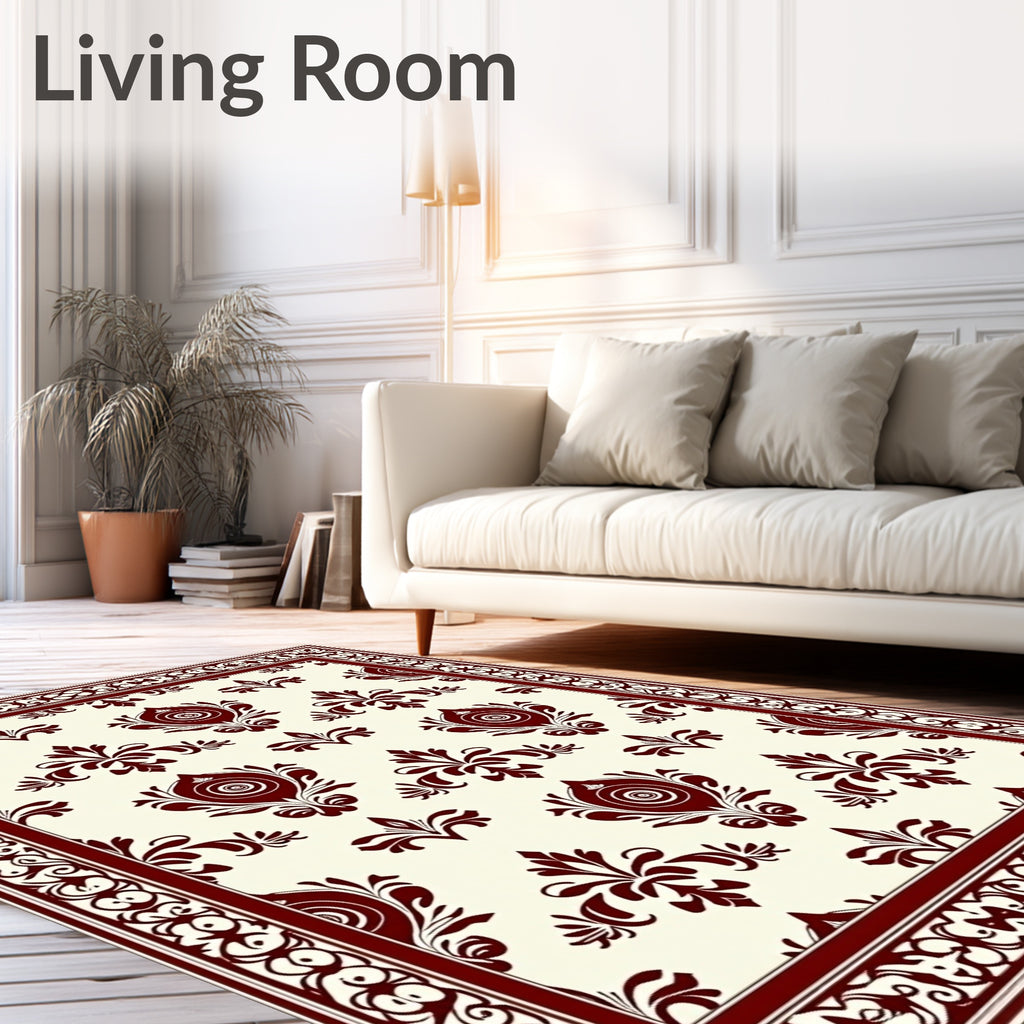 Deep Red Floral Damask Border Rug