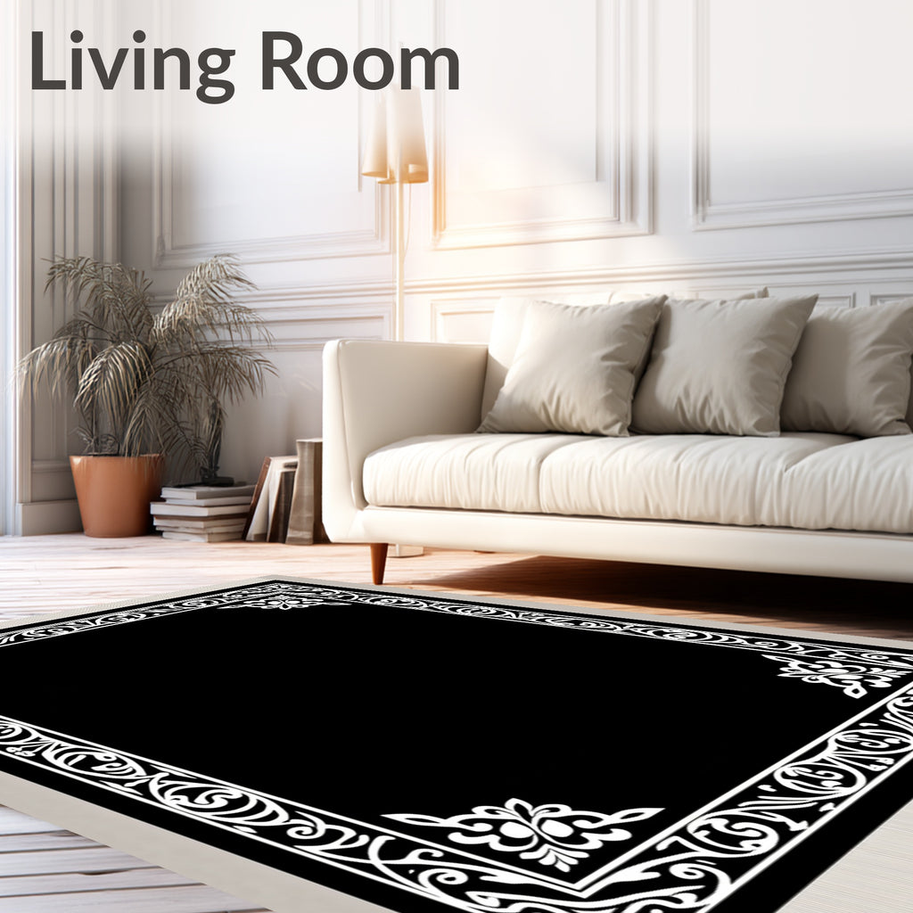 Black White Ornate Scrollwork Border Rug