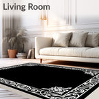 Black White Ornate Scrollwork Border Rug