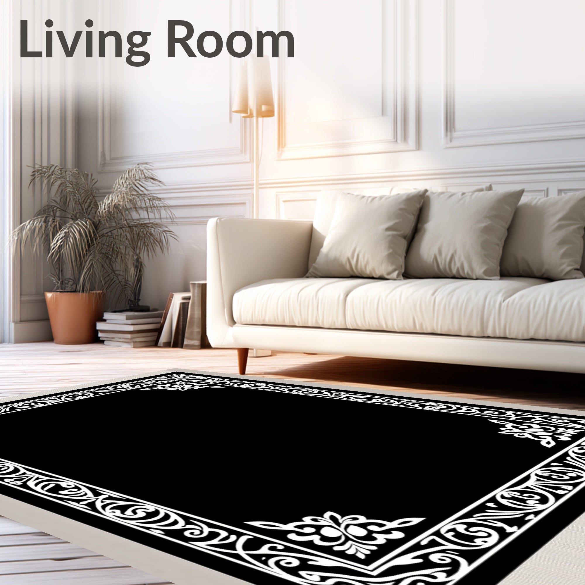 Black White Ornate Scrollwork Border Rug