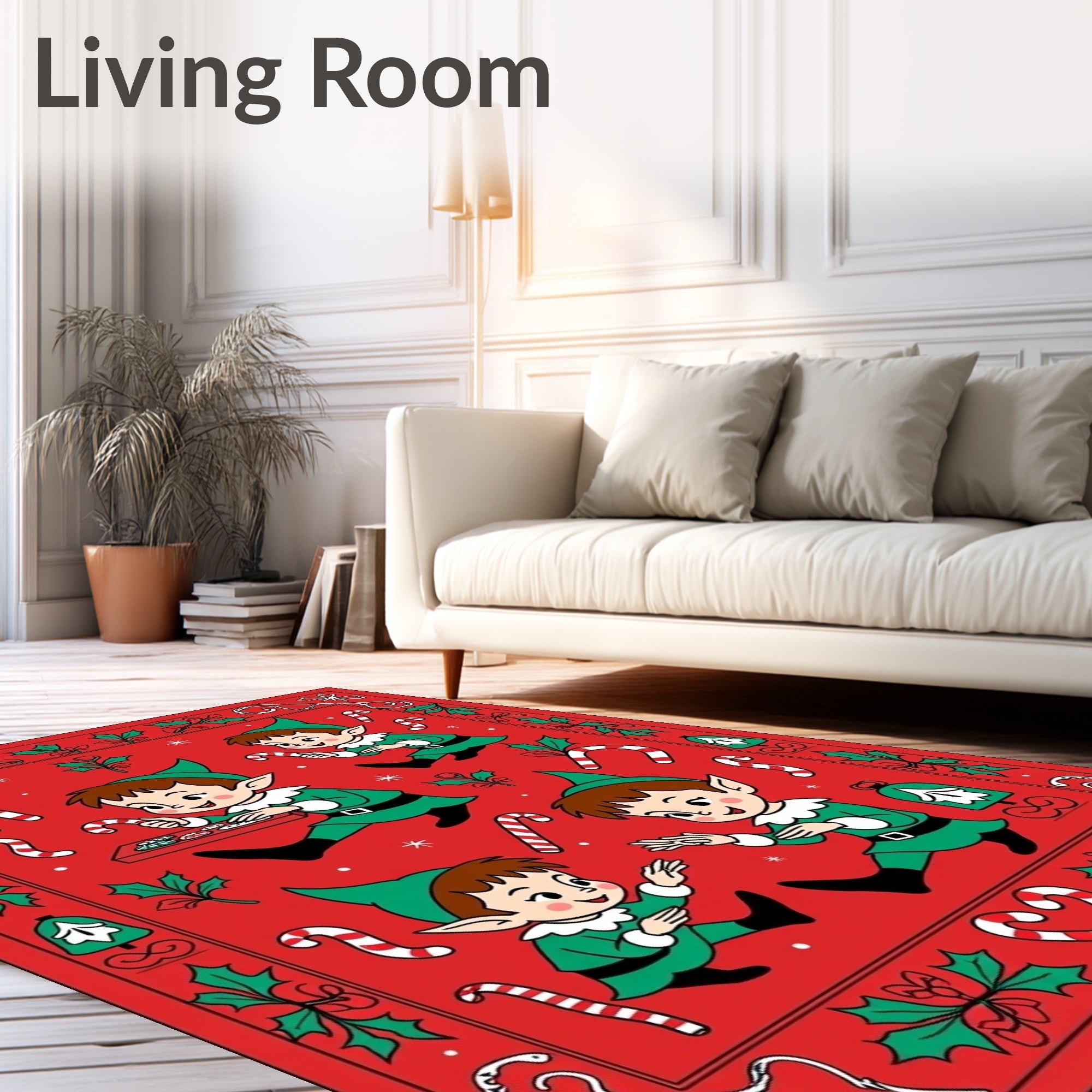 Whimsical Elves Candy Cane Christmas Red Rug