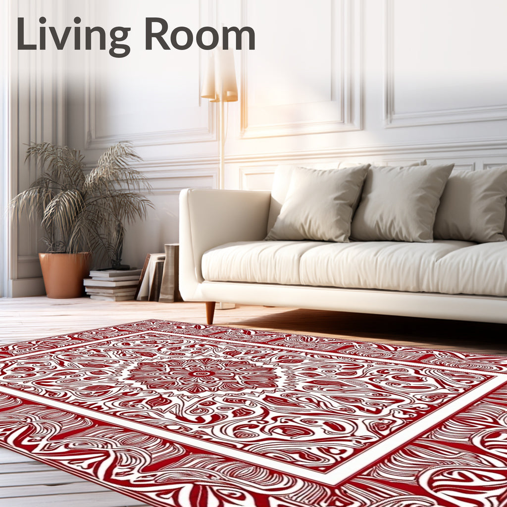 Red White Ornate Medallion Border Rug