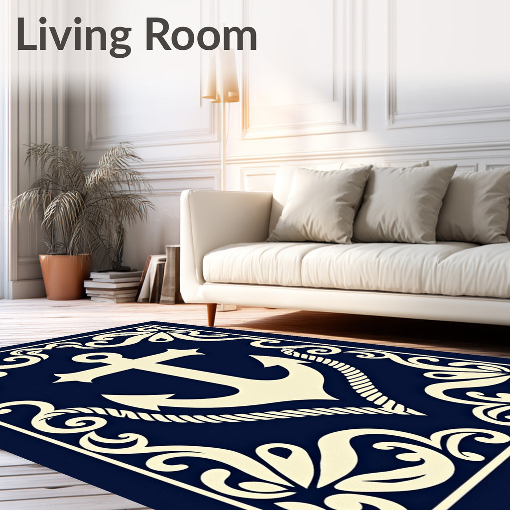 Nautical Cream Anchor Navy Blue Frame Rug
