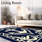 Nautical Cream Anchor Navy Blue Frame Rug