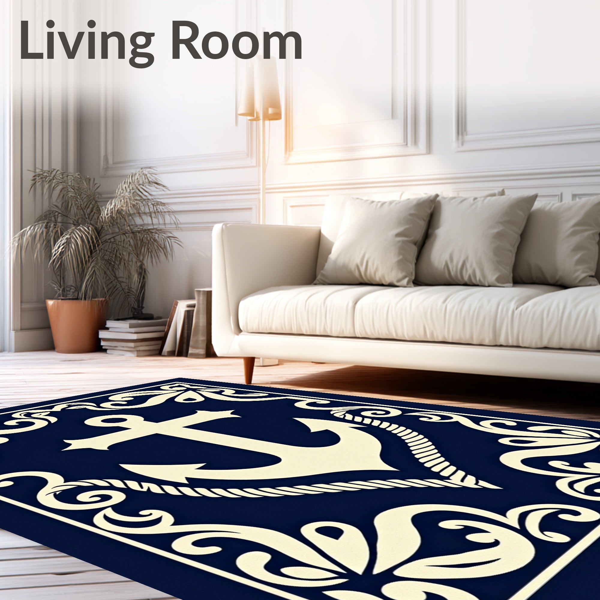 Nautical Cream Anchor Navy Blue Frame Rug