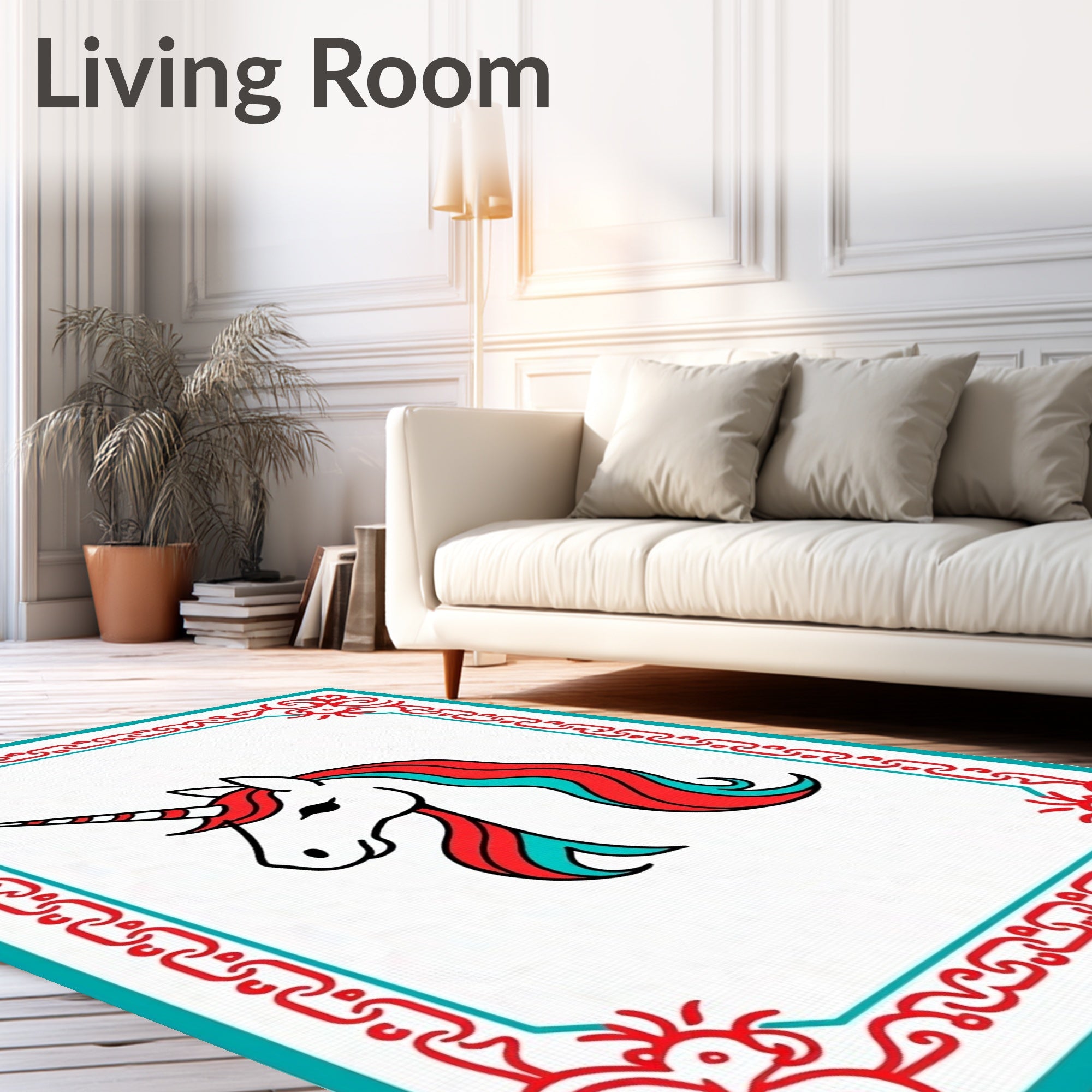 Whimsical Unicorn Red Teal Border Rug