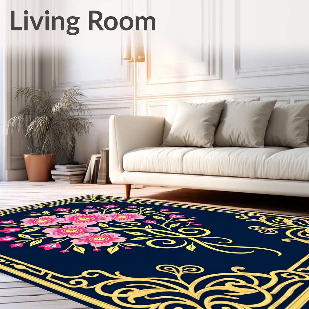 Ornate Pink Floral Golden Border Rug