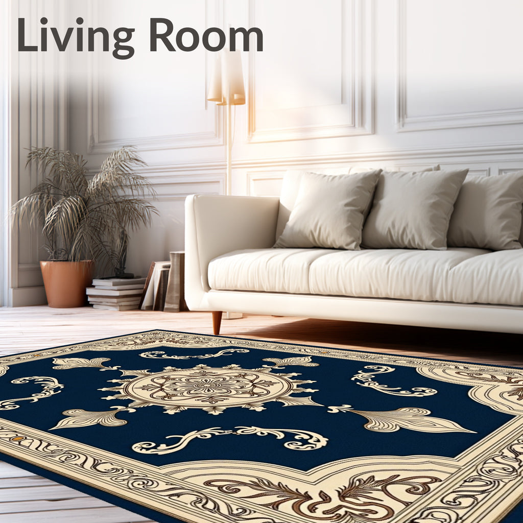 Deep Navy Floral Scroll Medallion Rug
