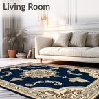 Deep Navy Floral Scroll Medallion Rug
