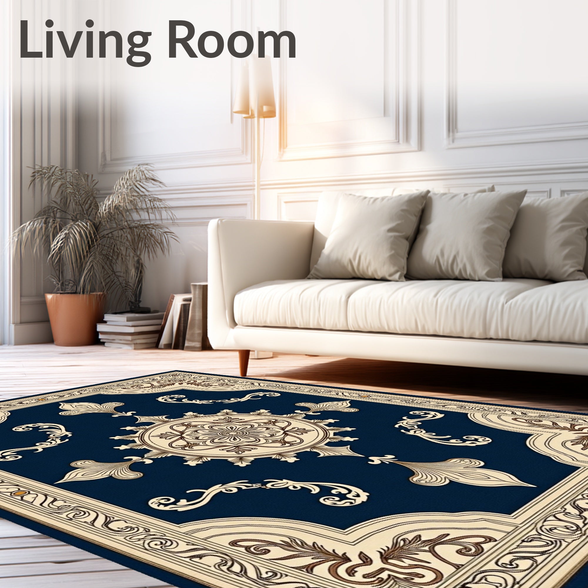 Deep Navy Floral Scroll Medallion Rug