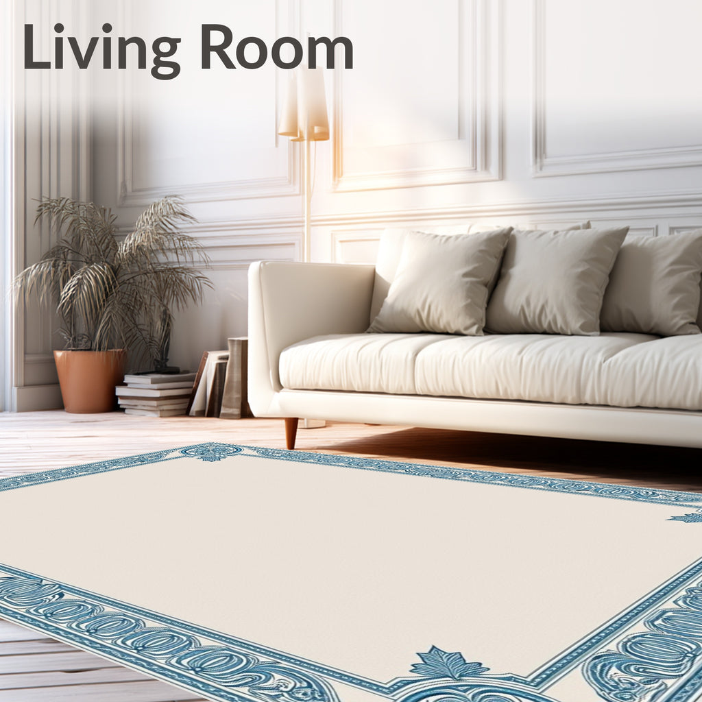 Ornate Blue Floral Square Border Rug