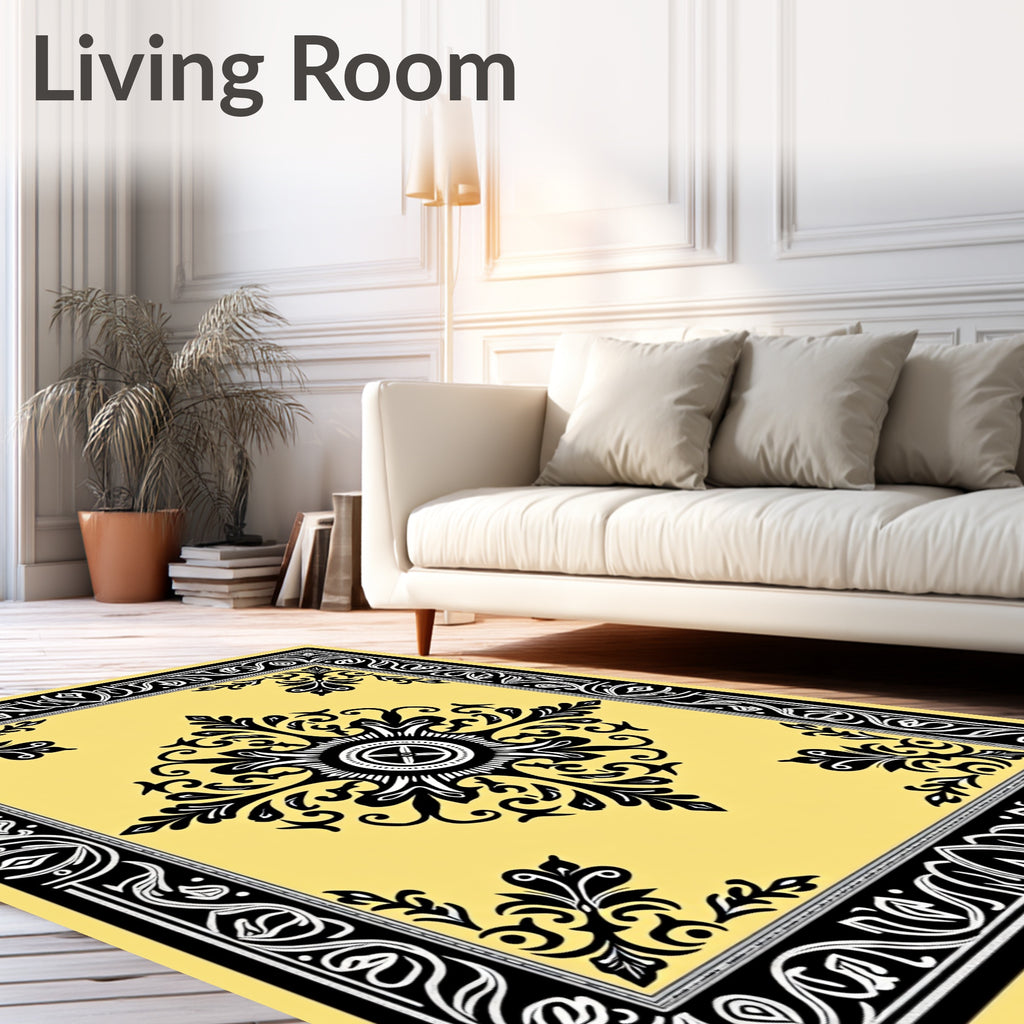 Black Floral Medallion Yellow Border Rug