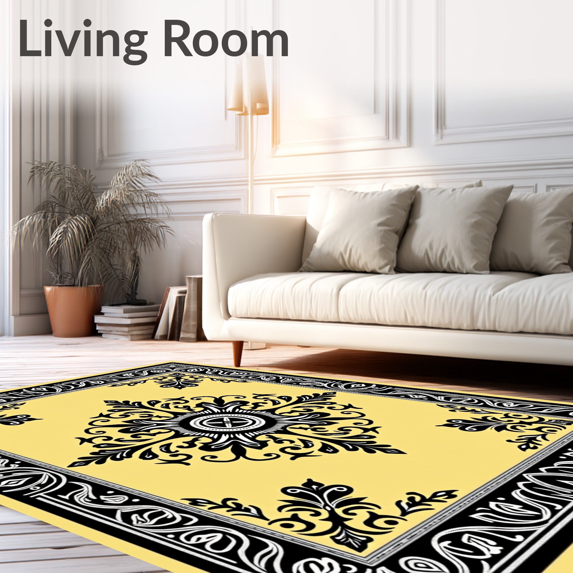 Black Floral Medallion Yellow Border Rug