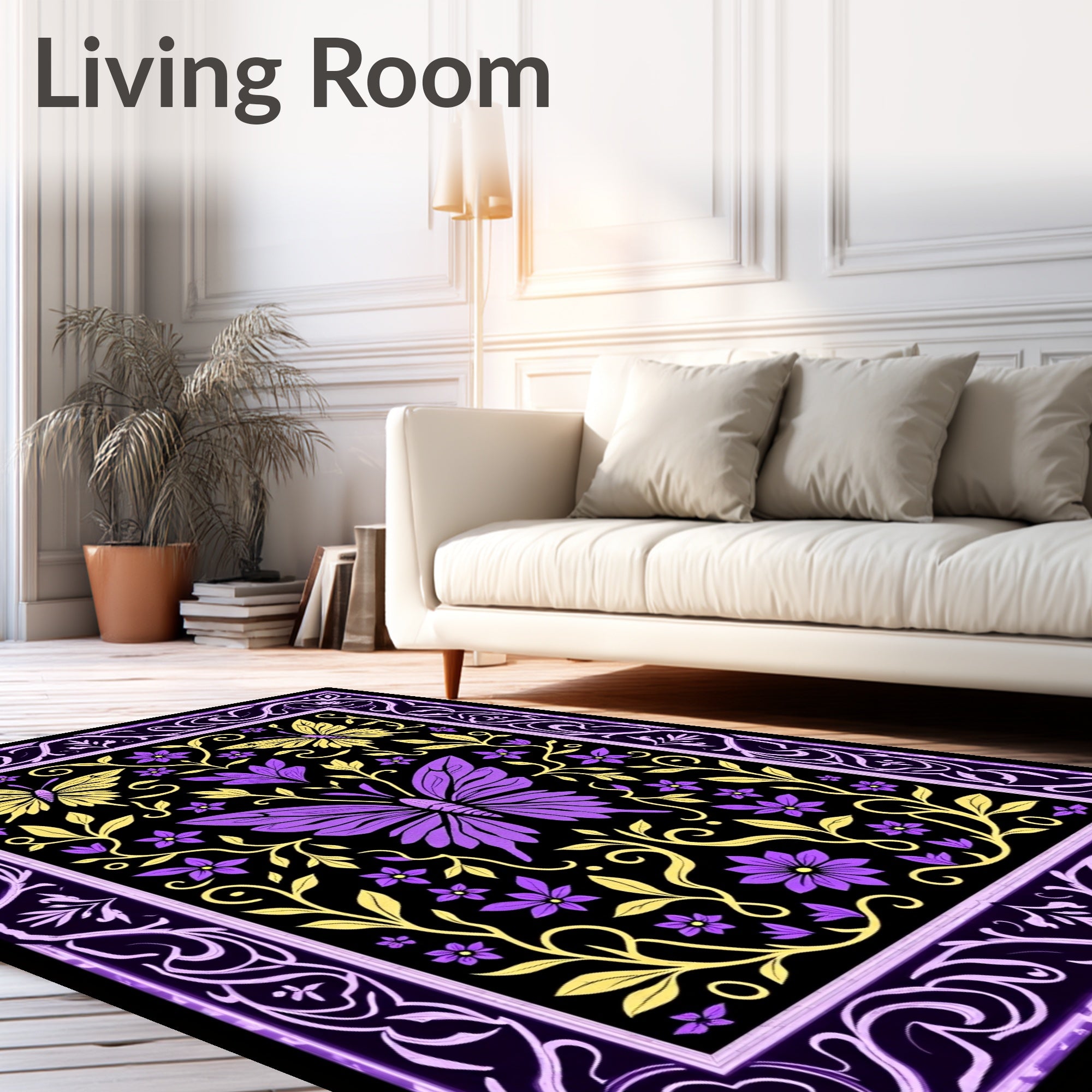 Victorian Purple Yellow Butterfly Floral Rug