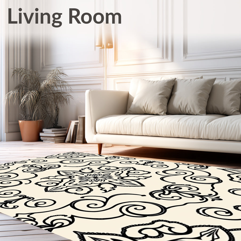 Cream Black Damask Floral Scroll Rug