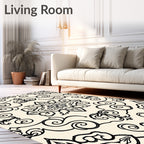 Cream Black Damask Floral Scroll Rug