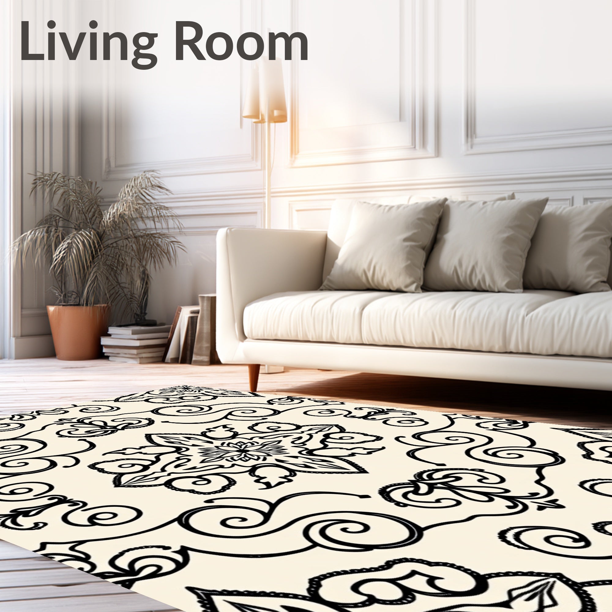 Cream Black Damask Floral Scroll Rug