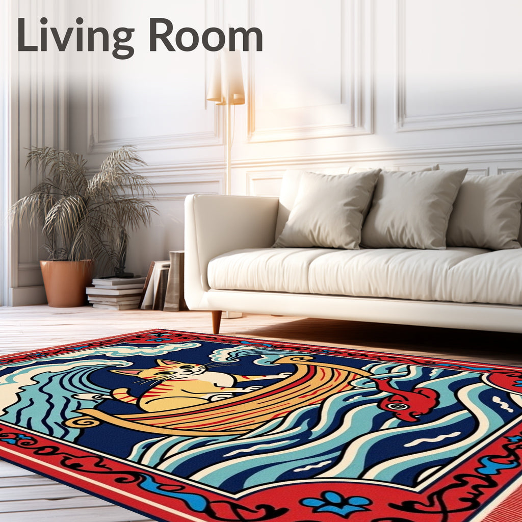 Whimsical Cat Boat Ocean Waves Rug