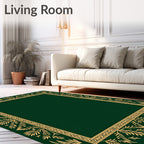 Deep Forest Green Gold Leaf Border Rug