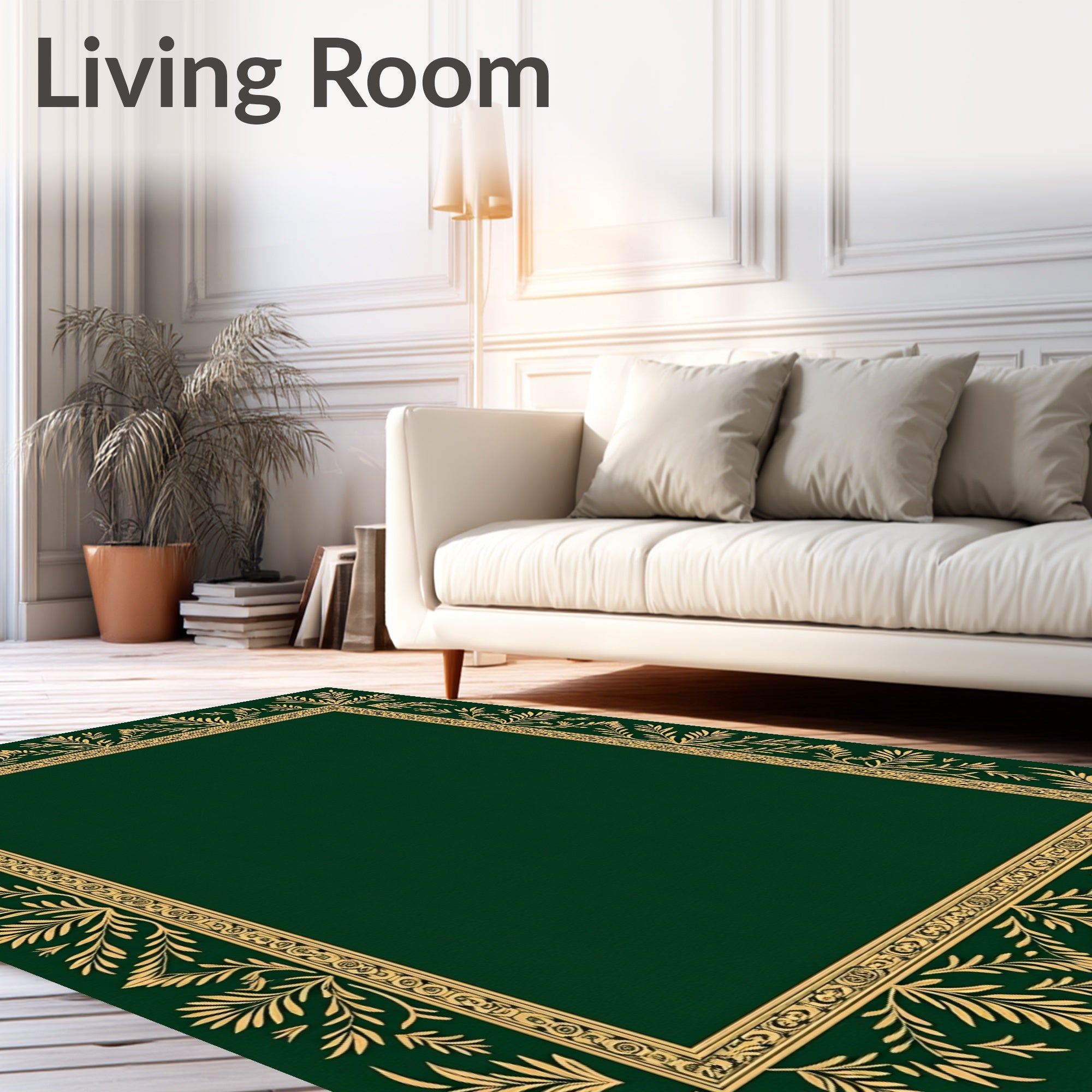 Deep Forest Green Gold Leaf Border Rug