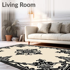 Ornate Black Floral Centerpiece Ivory Border Rug