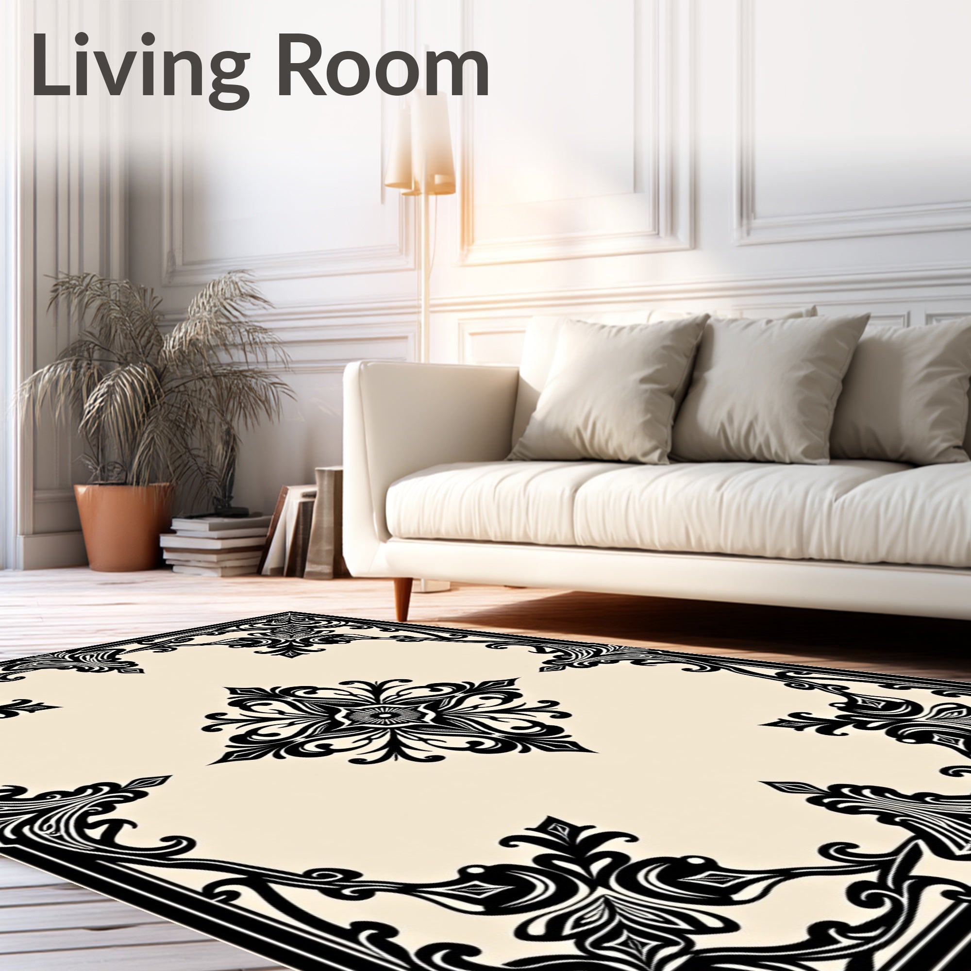 Ornate Black Floral Centerpiece Ivory Border Rug