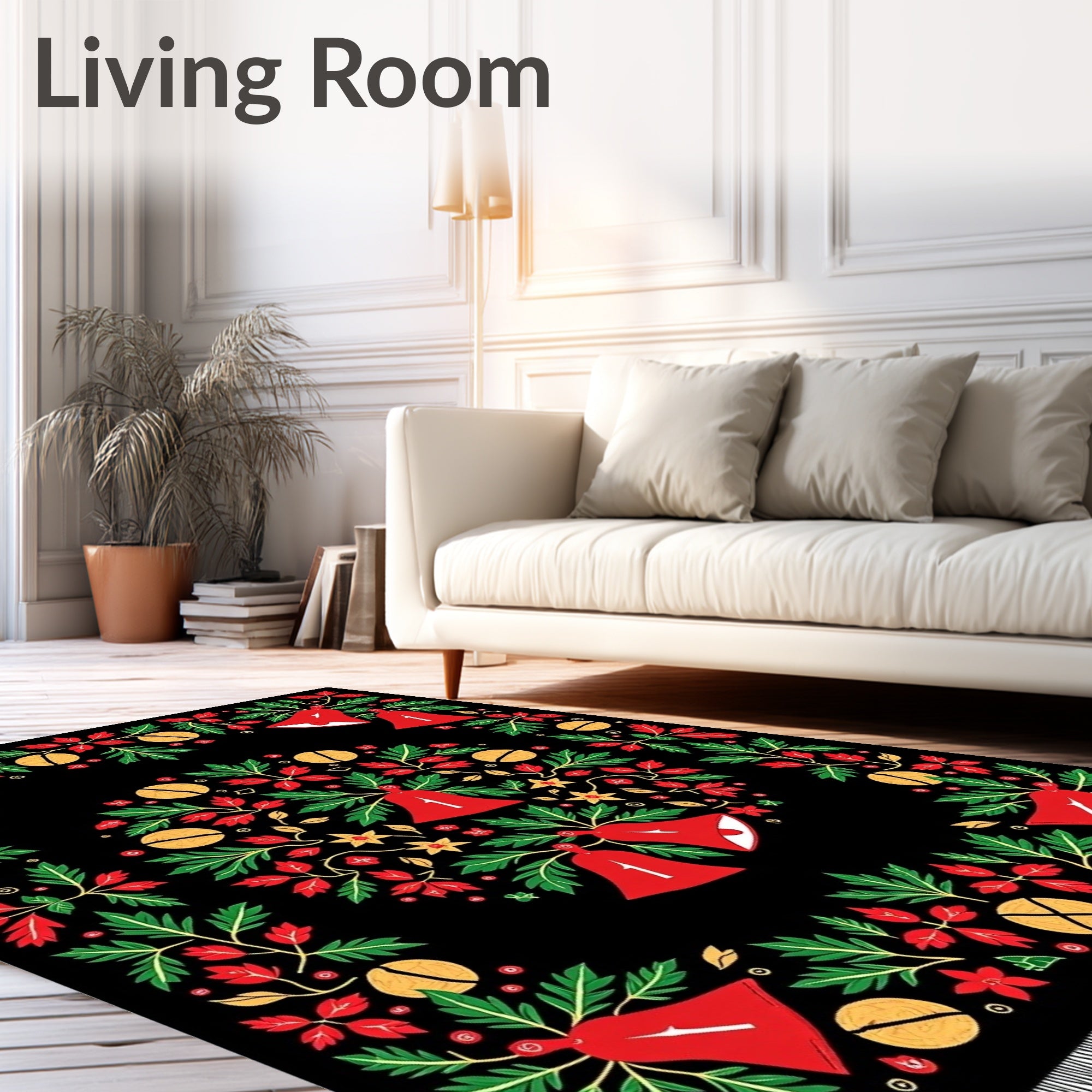 Red Bell Green Leaf Festive Wreath Rug