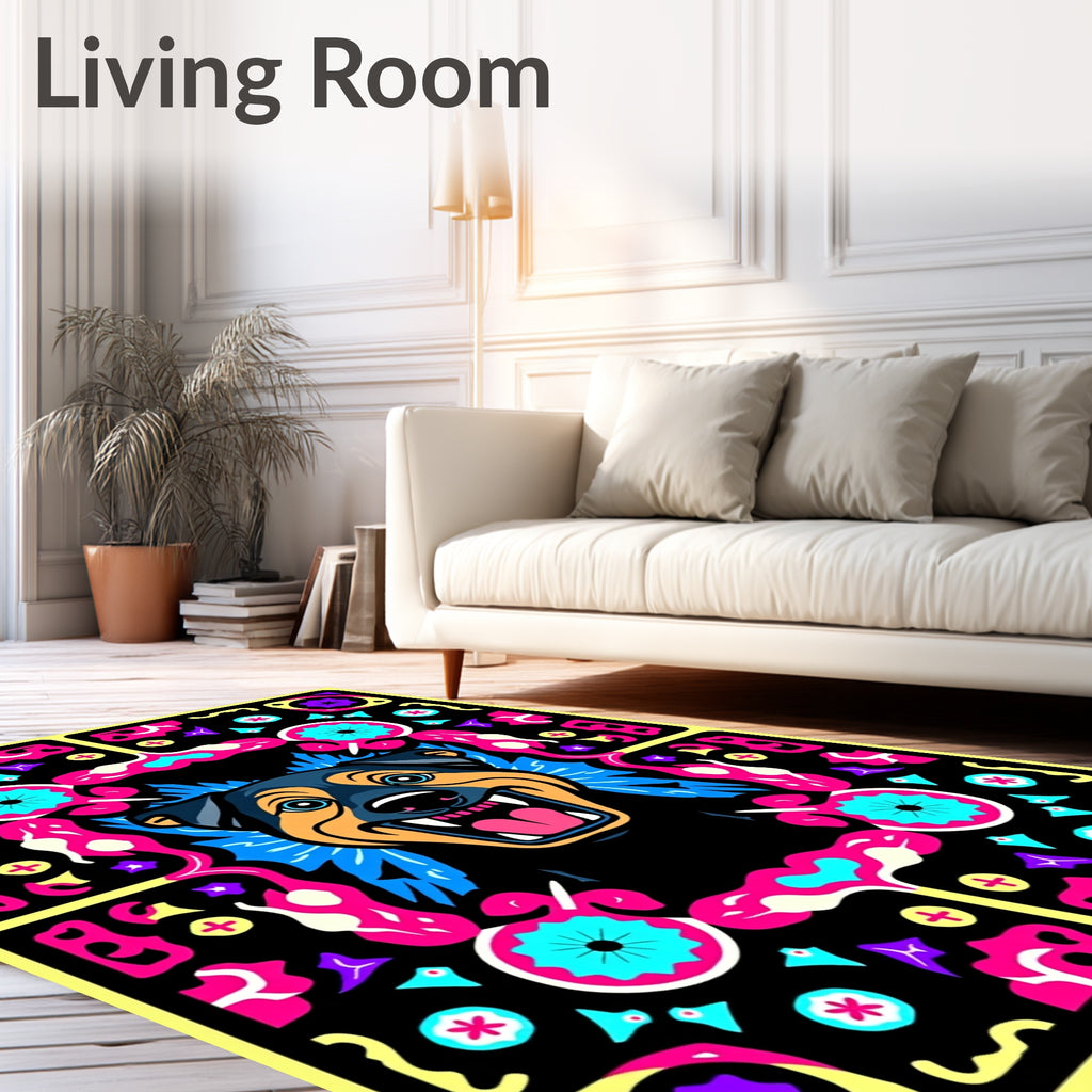Vibrant Dog With Psychedelic Border Rug