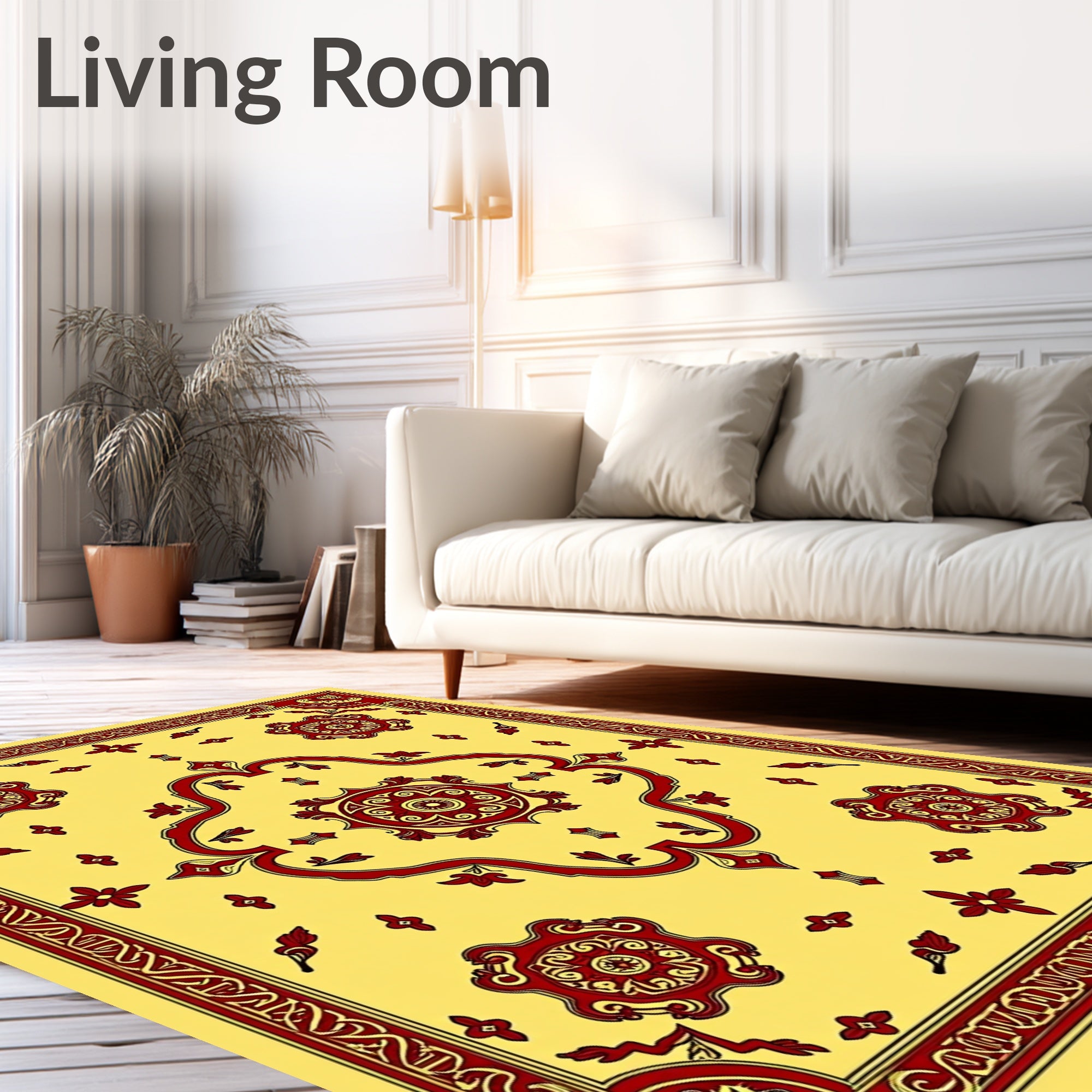 Ornate Red Floral Medallion Yellow Rug