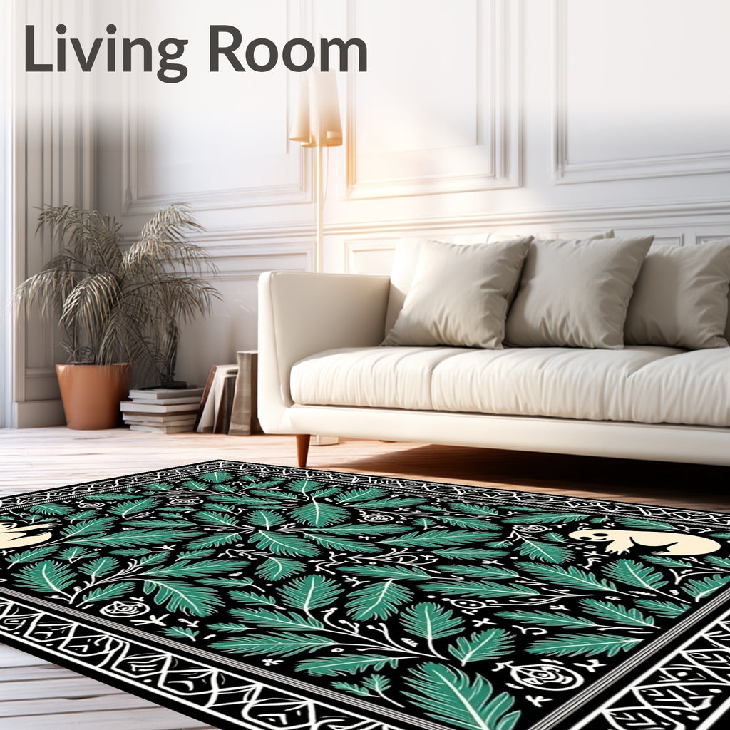 Whimsical Tan Creatures Evergreen Border Rug