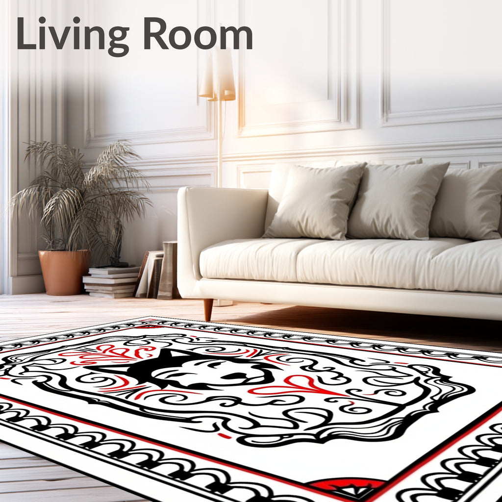 Bold Black Wolf Tribal Border Rug