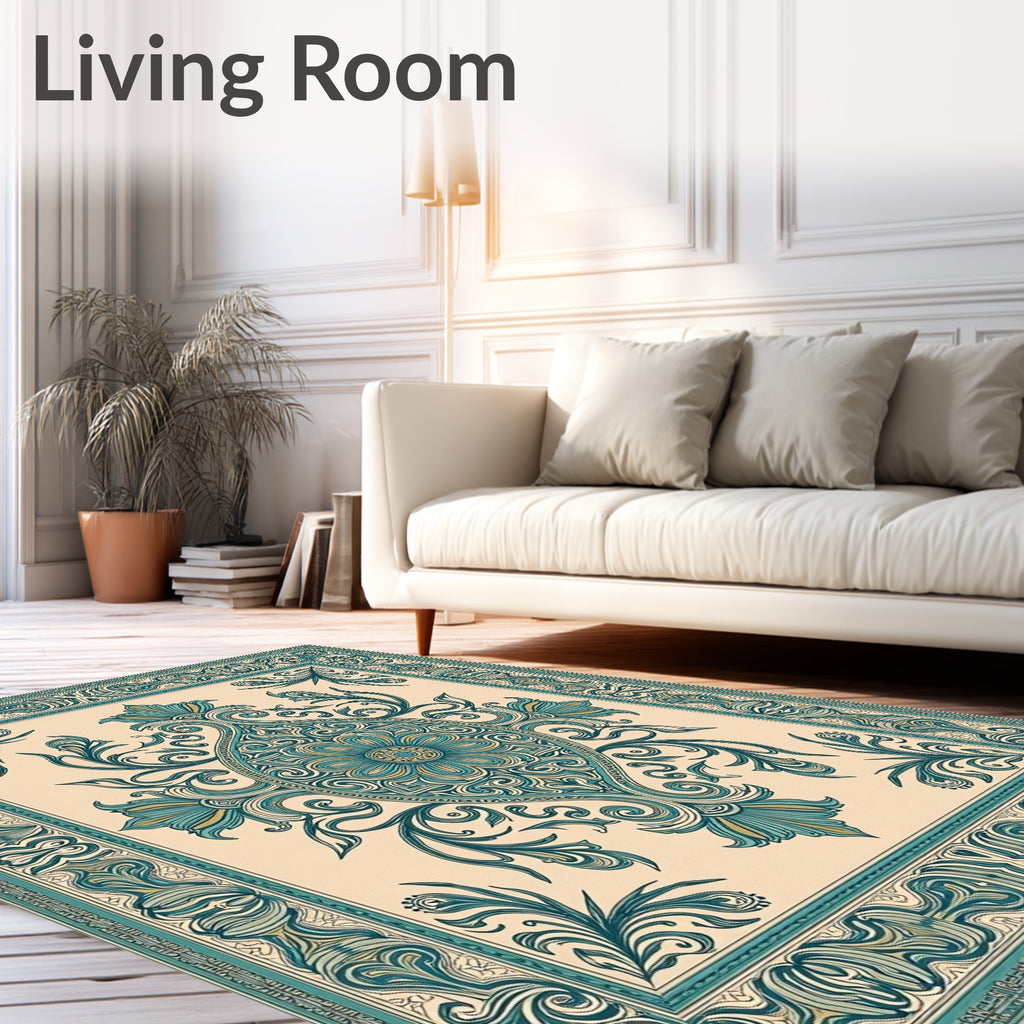 Teal Cream Opulent Floral Scroll Rug
